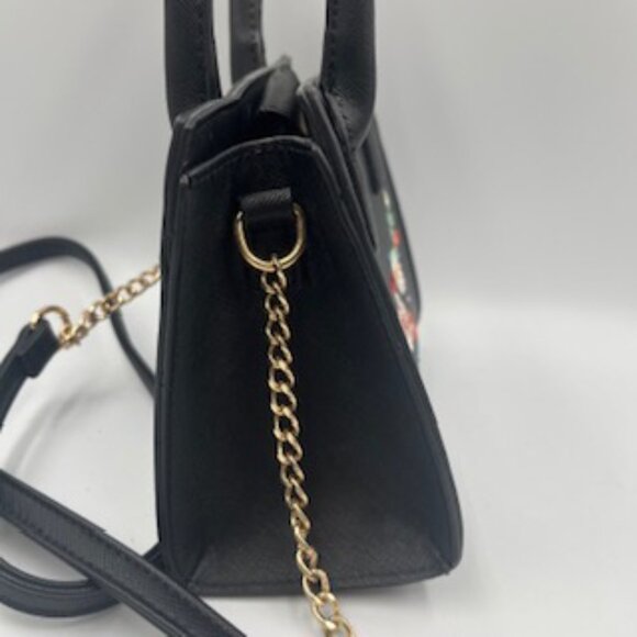 Embroidered Black Mini Crossbody Purse Flowers Handles Faux Leather Bag - Picture 6 of 10